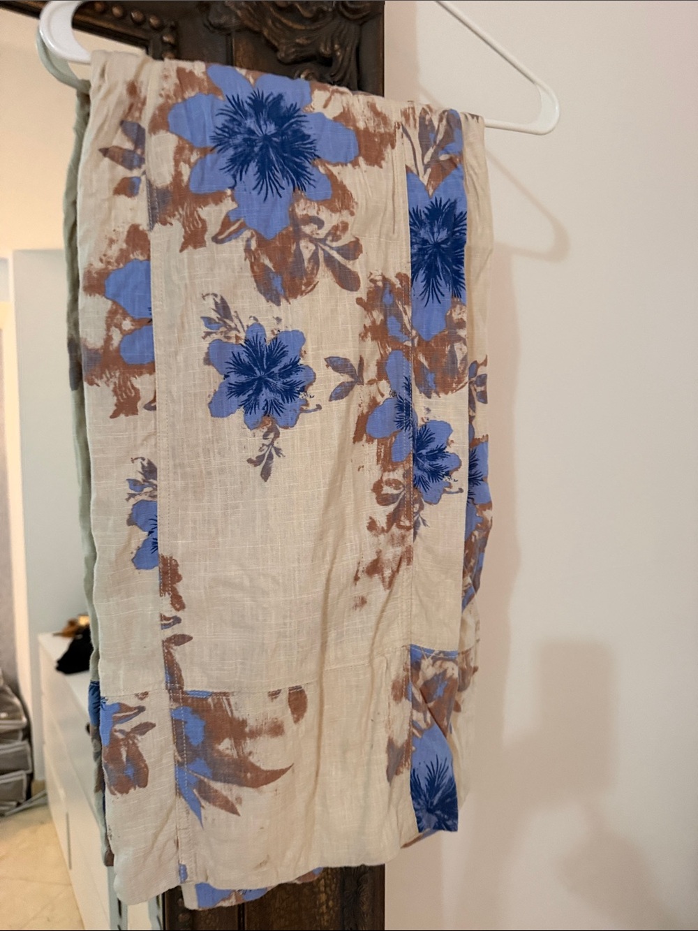 Free People Wide Leg Pants in Cream with Blue Floral Print